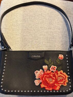 Calvin Klein Black Shoulder Bag with Red & Coral Floral Embroidery